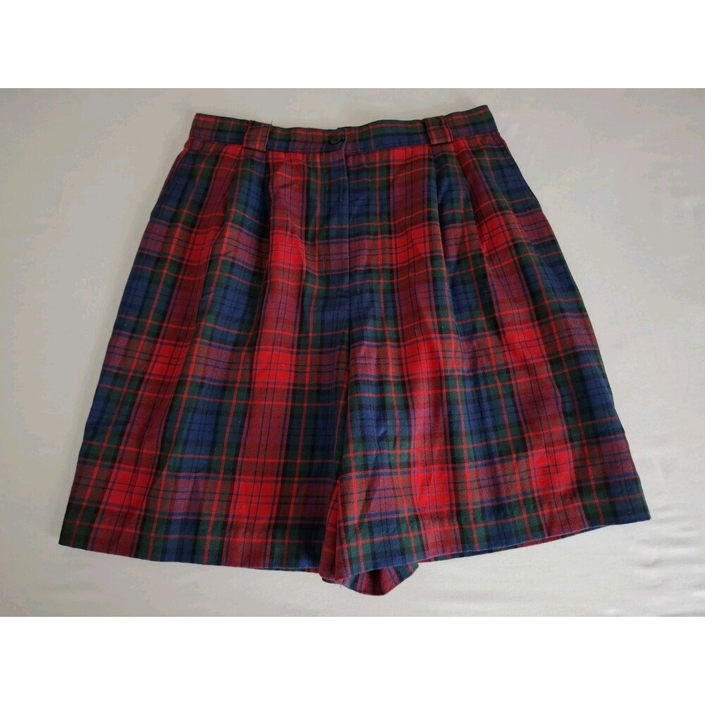 Vtg Plaid Pleated Women's Bermuda Shorts Red Green Navy High Rise Sz 8/10 GC
